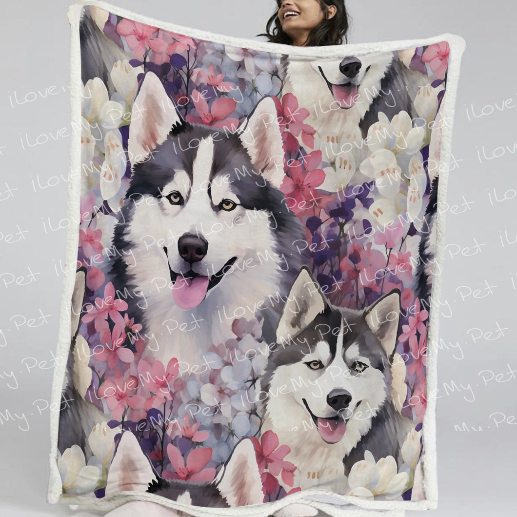 Husky Mom and Baby in Petal Bloom Fleece Blanket-Blanket-Blankets, Home Decor, Siberian Husky-Small-1