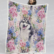Load image into Gallery viewer, Pastel Flowers and Happy Husky Fleece Blanket-Blanket-Blankets, Home Decor, Siberian Husky-Small-1