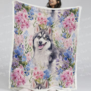 Pastel Flowers and Happy Husky Fleece Blanket-Blanket-Blankets, Home Decor, Siberian Husky-13