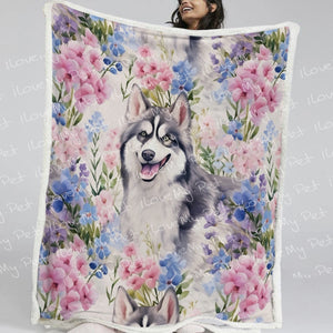 Pastel Flowers and Happy Husky Fleece Blanket-Blanket-Blankets, Home Decor, Siberian Husky-13