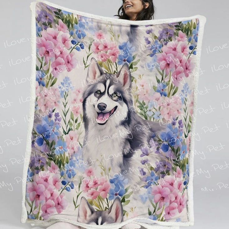 Pastel Flowers and Happy Husky Fleece Blanket-Blanket-Blankets, Home Decor, Siberian Husky-13