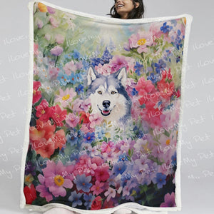 Springtime Summer Husky Love Fleece Blanket-Blanket-Blankets, Home Decor, Siberian Husky-2
