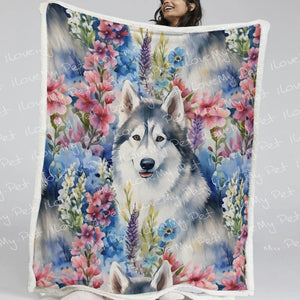 Watercolor Flower Garden Husky Soft Warm Fleece Blanket-Blanket-Blankets, Home Decor, Siberian Husky-13