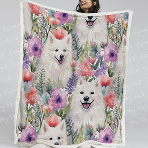 Watercolor Garden American Eskimo Dogs Soft Warm Fleece Blanket-Blanket-American Eskimo Dog, Blankets, Home Decor-2