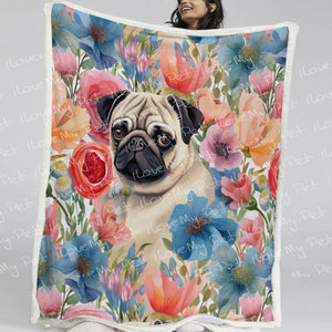 Watercolor Flower Garden Pug Soft Warm Fleece Blanket-Blanket-Blankets, Home Decor, Pug-3