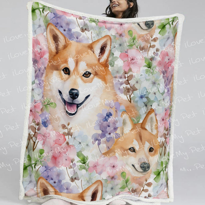 Watercolor Garden Shiba Inu Mom and Baby Fleece Blanket-Blanket-Blankets, Home Decor, Shiba Inu-Small-1