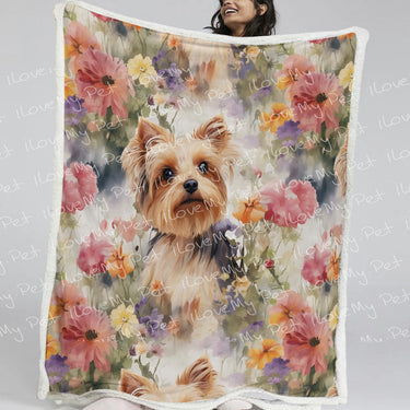 Watercolor Flower Garden Yorkie Soft Warm Fleece Blanket