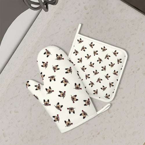 Red Rose Fawn Frenchies Oven Mitts and Pot Holder Set-Kitchen Decor-Accessories,Dog Mom Gifts,French Bulldog-1