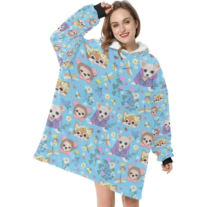 Magic Flower Garden Chihuahuas Blanket Hoodie for Women - 4 Colors-Apparel-Apparel, Blankets, Chihuahua-Sky Blue-1
