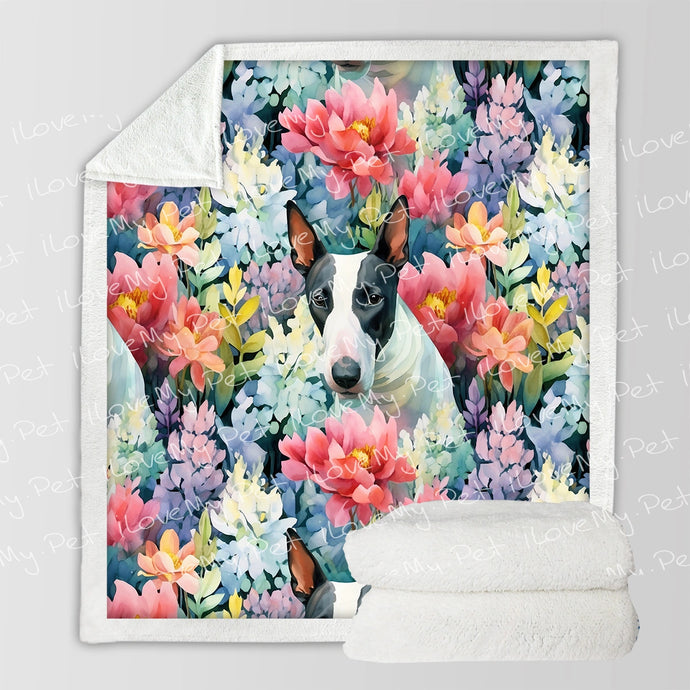 Black and White Bull Terrier in Bloom Fleece Blanket-Blanket-Blankets, Bull Terrier, Home Decor-Small-1