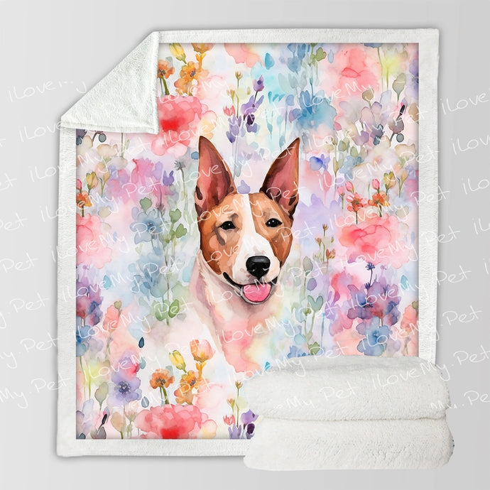 Watercolor Flower Garden Fawn and White Bull Terrier Fleece Blanket-Blanket-Blankets, Bull Terrier, Home Decor-Small-1