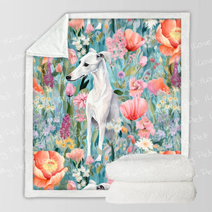 White Greyhound / Whippet in Floral Bloom Fleece Blanket-Blanket-Blankets, Greyhound, Home Decor, Whippet-12