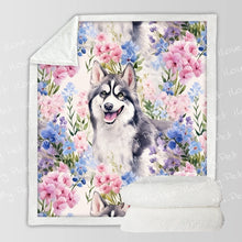 Load image into Gallery viewer, Pastel Flowers and Happy Husky Fleece Blanket-Blanket-Blankets, Home Decor, Siberian Husky-12