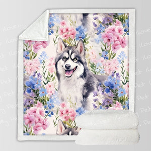Pastel Flowers and Happy Husky Fleece Blanket-Blanket-Blankets, Home Decor, Siberian Husky-12
