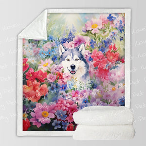Springtime Summer Husky Love Fleece Blanket-Blanket-Blankets, Home Decor, Siberian Husky-12