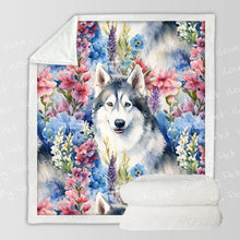 Load image into Gallery viewer, Watercolor Flower Garden Husky Soft Warm Fleece Blanket-Blanket-Blankets, Home Decor, Siberian Husky-3