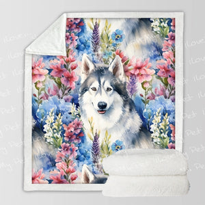 Watercolor Flower Garden Husky Soft Warm Fleece Blanket-Blanket-Blankets, Home Decor, Siberian Husky-3
