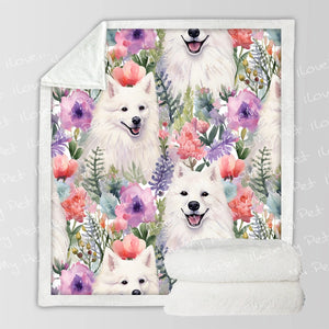 Watercolor Garden American Eskimo Dogs Soft Warm Fleece Blanket-Blanket-American Eskimo Dog, Blankets, Home Decor-3
