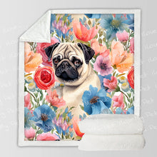 Load image into Gallery viewer, Watercolor Flower Garden Pug Soft Warm Fleece Blanket-Blanket-Blankets, Home Decor, Pug-Small-1