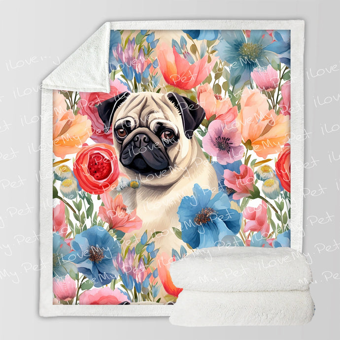 Watercolor Flower Garden Pug Soft Warm Fleece Blanket-Blanket-Blankets, Home Decor, Pug-Small-1