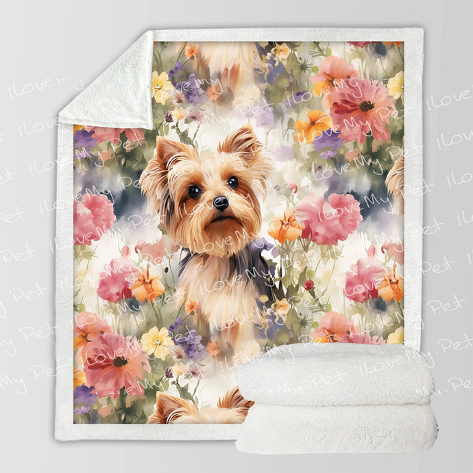 Watercolor Flower Garden Yorkie Soft Warm Fleece Blanket-Blanket-Blankets, Home Decor, Yorkshire Terrier-Small-1
