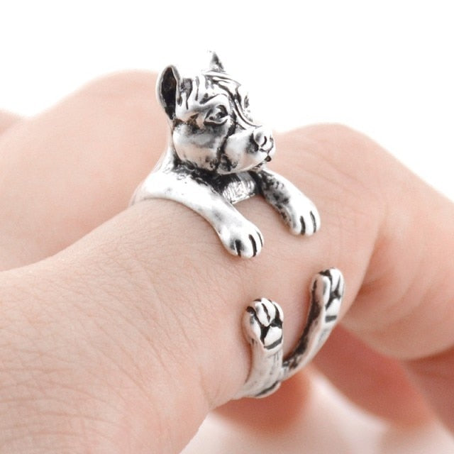 3D Cropped-Eared Staffordshire Bull Terrier Finger Wrap Rings-Dog Themed Jewellery-Dogs, Jewellery, Ring, Staffordshire Bull Terrier-Resizable-Antique Silver-2