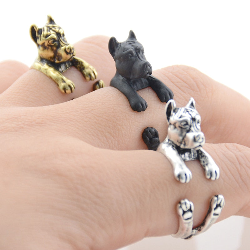 3d Cropped Eared Pit Bull Finger Wrap Rings