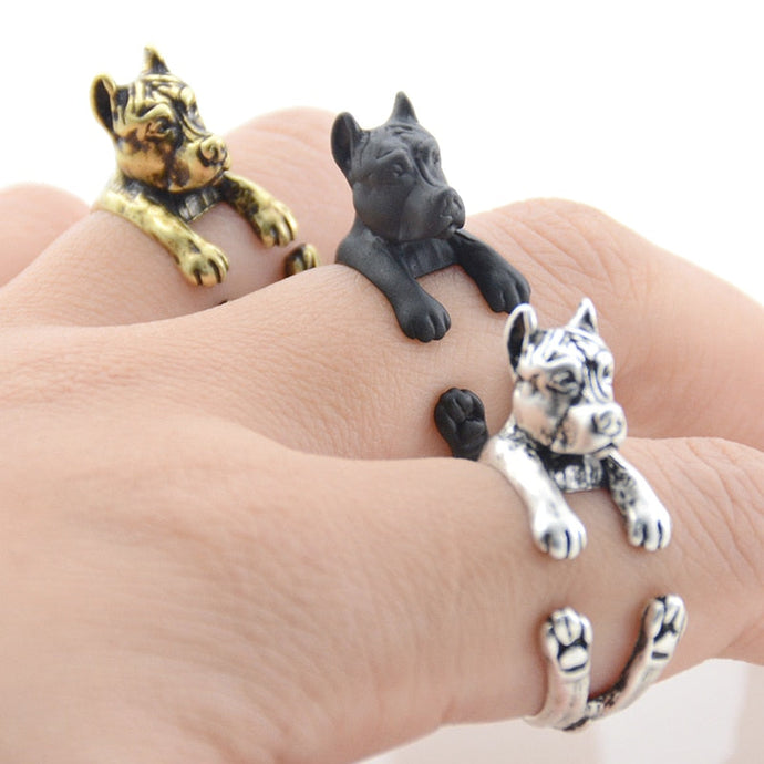 3D Cropped-Eared Staffordshire Bull Terrier Finger Wrap Rings-Dog Themed Jewellery-Dogs, Jewellery, Ring, Staffordshire Bull Terrier-1