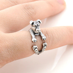 image of a lady wearing a Staffordshire bull terrier ring in silver