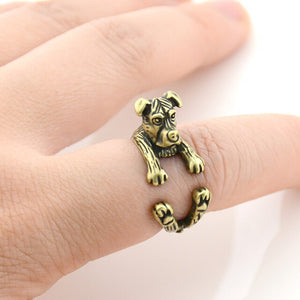image of a lady wearing a Staffordshire bull terrier ring in bronze