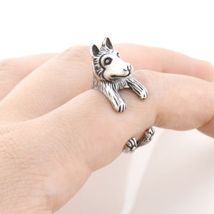 3D Siberian Husky Finger Wrap Rings-Dog Themed Jewellery-Dogs, Jewellery, Ring, Siberian Husky-Resizable-Antique Silver-2