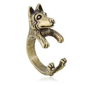 3D Siberian Husky Finger Wrap Rings-Dog Themed Jewellery-Dogs, Jewellery, Ring, Siberian Husky-Resizable-Antique Bronze-4