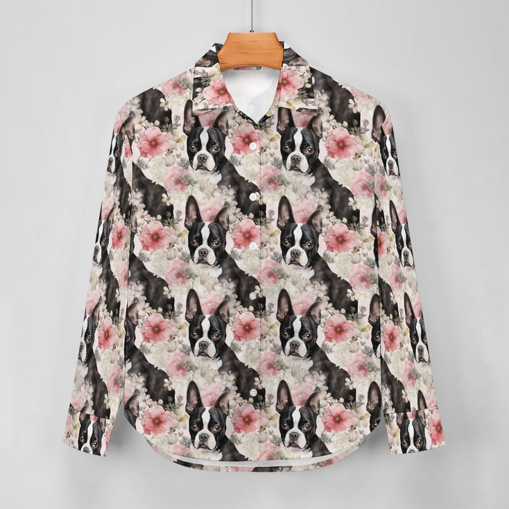 Pink and White Floral Boston Terriers Women's Shirt- 3 Designs-Apparel-Apparel, Boston Terrier, Shirt-4