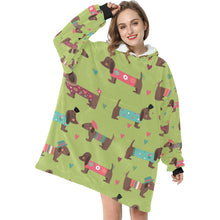 Load image into Gallery viewer, Hand Drawn Chocolate Dachshunds in Love Blanket Hoodie for Women - 5 Colors-Apparel-Apparel, Blankets, Dachshund-Green-7