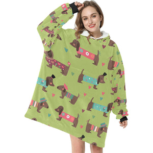 Hand Drawn Chocolate Dachshunds in Love Blanket Hoodie for Women - 5 Colors-Apparel-Apparel, Blankets, Dachshund-Green-7