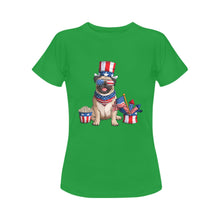 Load image into Gallery viewer, All American Pug Women&#39;s Cotton 4th of July T-Shirt-Apparel-Apparel, Pug, Shirt, T Shirt-Green-Small-5