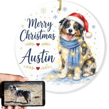 Load image into Gallery viewer, Australian Shepherd Dog Ornament - Watercolor Artwork Merry Christmas Design - Personalized with Name-Christmas Ornament-Australian Shepherd,Christmas,Personalize Artwork-1