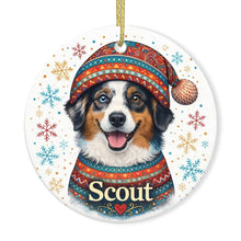 Load image into Gallery viewer, Australian Shepherd Ornament - Christmas Folk Art Design - Personalize with Photo and Name