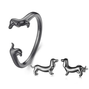Dachshund Ring - Sterling Silver Dachshund Jewelry for Dog Lovers - 4 Colors-Dog Themed Jewellery-Dachshund, Jewellery, Ring-Matching Ring and Earrings-Metallic Black-21
