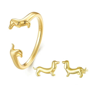 Dachshund Ring - Sterling Silver Dachshund Jewelry for Dog Lovers - 4 Colors-Dog Themed Jewellery-Dachshund, Jewellery, Ring-Matching Ring and Earrings-Gold-17