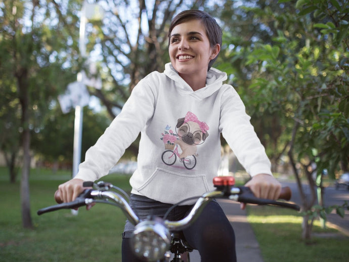 Bicycle Girl Pug Love Women's Cotton Fleece Hoodie Sweatshirt - 4 Colors-Apparel-Apparel, Hoodie, Pug, Sweatshirt-White-XS-1