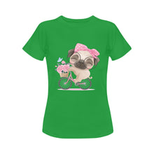 Load image into Gallery viewer, Bicycle Girl Pug Love Women&#39;s Cotton T-Shirt-Apparel-Apparel, Pug, Shirt, T Shirt-Green-Small-5