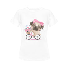 Load image into Gallery viewer, Bicycle Girl Pug Love Women&#39;s Cotton T-Shirt-Apparel-Apparel, Pug, Shirt, T Shirt-White-Small-1