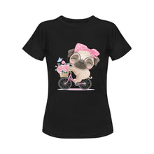 Load image into Gallery viewer, Bicycle Girl Pug Love Women&#39;s Cotton T-Shirt-Apparel-Apparel, Pug, Shirt, T Shirt-Black-Small-2