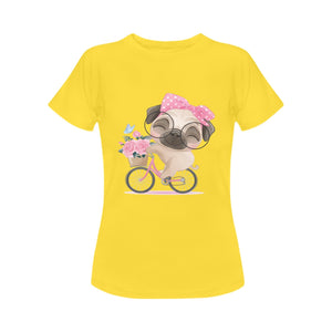 Bicycle Girl Pug Love Women's Cotton T-Shirt-Apparel-Apparel, Pug, Shirt, T Shirt-Yellow-Small-3