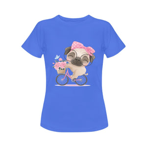 Bicycle Girl Pug Love Women's Cotton T-Shirt-Apparel-Apparel, Pug, Shirt, T Shirt-Blue-Small-4