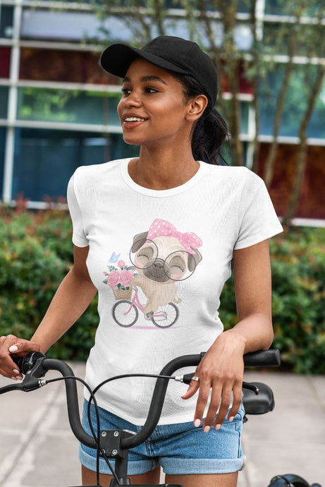 Bicycle Girl Pug Love Women's Cotton T-Shirt - 5 Colors-Apparel-Apparel, Pug, Shirt, T Shirt-White-Small-1