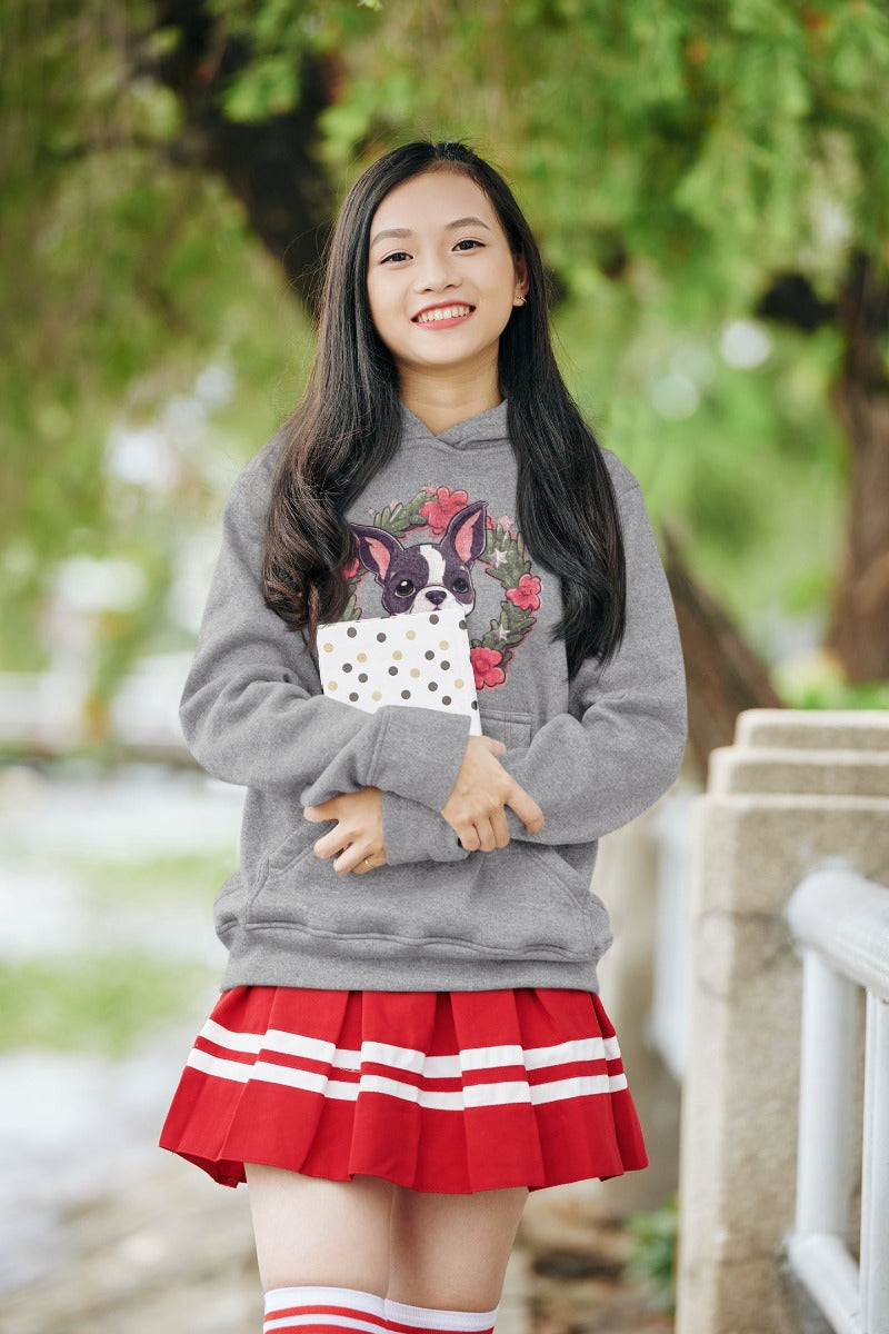 Boston Terrier Pink Flowers Christmas Women's Cotton Fleece Hoodie Sweatshirt - 4 Colors-Apparel-Apparel, Boston Terrier, Christmas, Hoodie, Sweatshirt-12