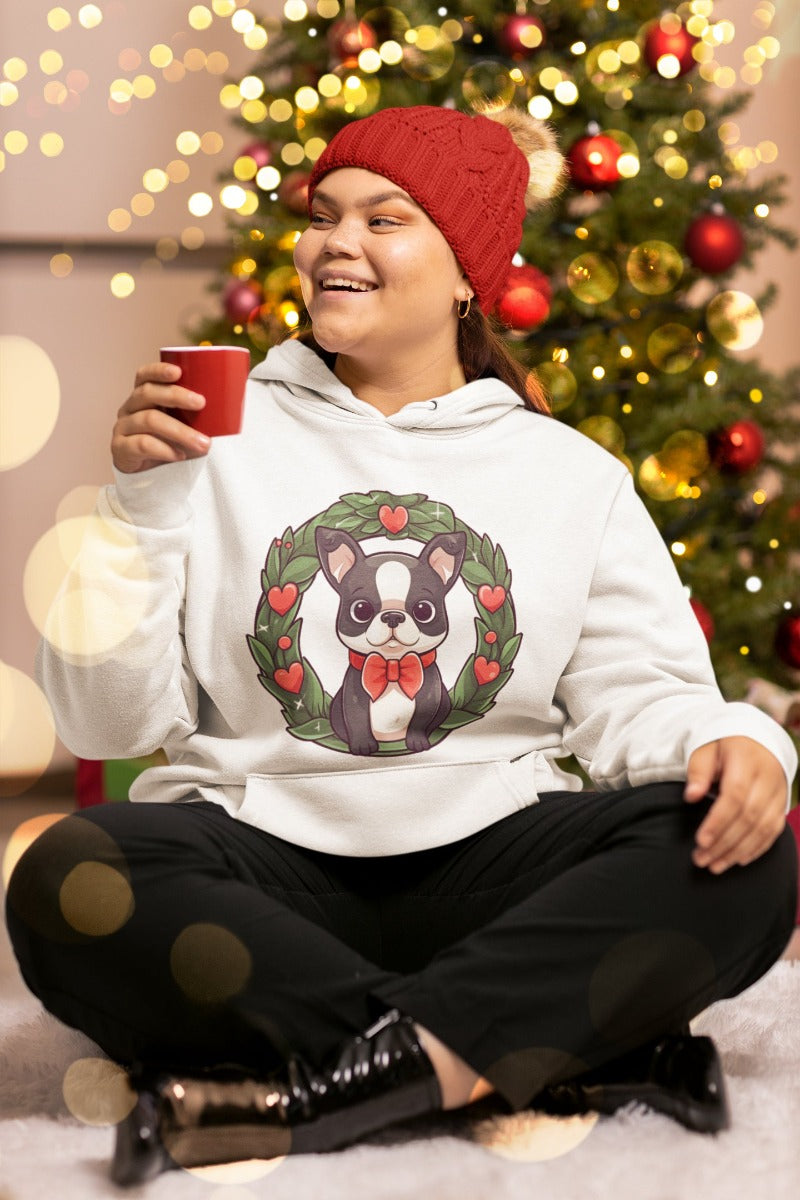 Boston Terrier Red Hearts Christmas Women's Cotton Fleece Hoodie Sweatshirt - 4 Colors-Apparel-Apparel, Boston Terrier, Christmas, Hoodie, Sweatshirt-White-XS-1