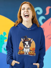 Load image into Gallery viewer, Boston Terriers and Halloween Love Women&#39;s Cotton Fleece Hoodie Sweatshirt - 4 Colors-Apparel-Apparel, Boston Terrier, Hoodie, Sweatshirt-Navy Blue-XS-1